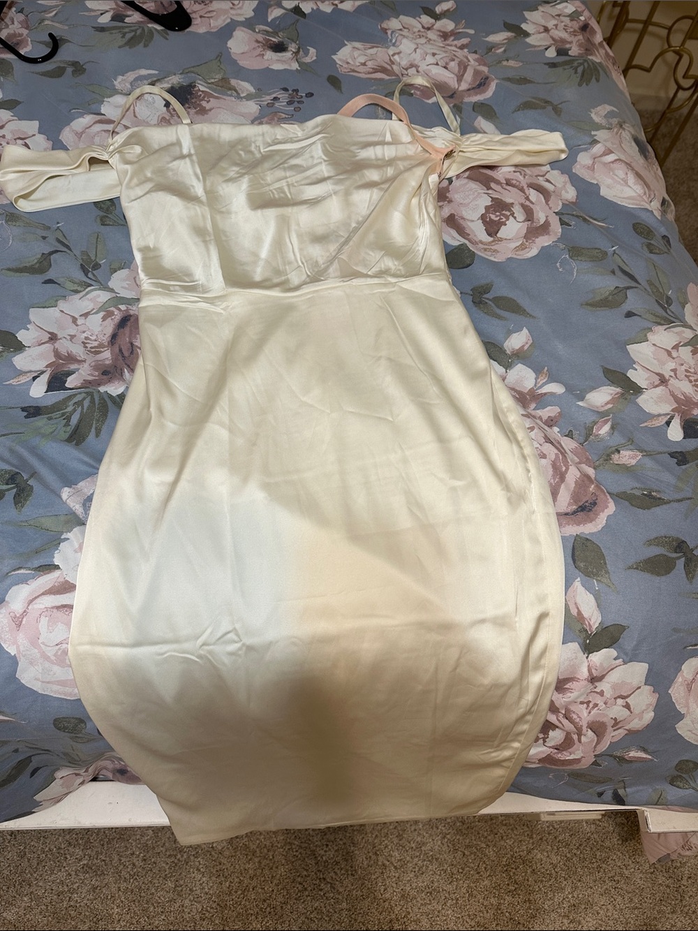 Oh Polly Cream Satin Off-Shoulder Midi Dress